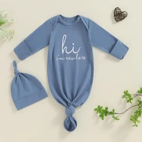 Ayalinggo Newborn Boy Girl Coming Home Outfit Baby Infant Sleeper Gown Nightgown Outfits Cute Fall Winter Pajamas and Hat - 2