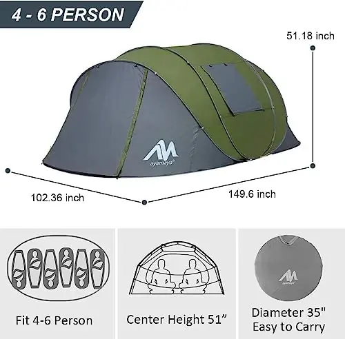 AYAMAYA Waterproof 4/6 Person Easy Pop Up Tents for Camping with Vestibule | Instant Setup, Double-layer Anti-condensation, Porch Poles Included, Large Size for Family Camping, Hiking, Travelling - 3
