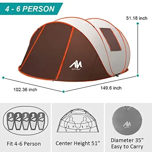 AYAMAYA Waterproof 4/6 Person Easy Pop Up Tents for Camping with Vestibule | Instant Setup, Double-layer Anti-condensation, Porch Poles Included, Large Size for Family Camping, Hiking, Travelling - 3