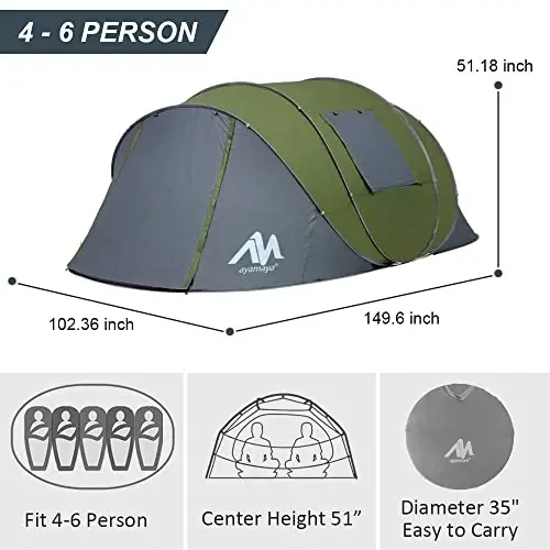 AYAMAYA Waterproof 4/6 Person Easy Pop Up Tents for Camping with Vestibule | Instant Setup, Double-layer Anti-condensation, Porch Poles Included, Large Size for Family Camping, Hiking, Travelling - 3