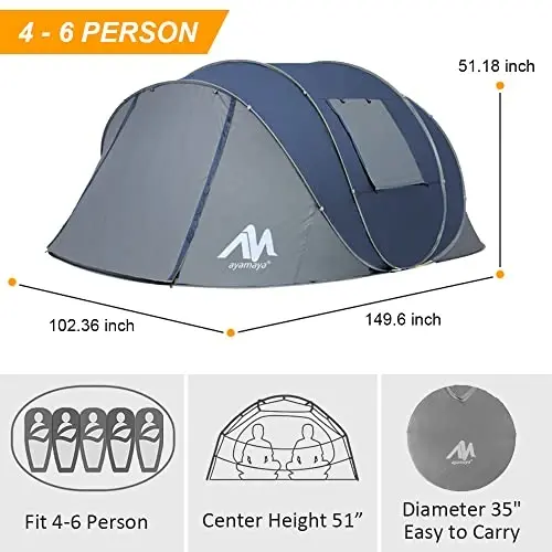 AYAMAYA Waterproof 4/6 Person Easy Pop Up Tents for Camping with Vestibule | Instant Setup, Double-layer Anti-condensation, Porch Poles Included, Large Size for Family Camping, Hiking, Travelling - 3