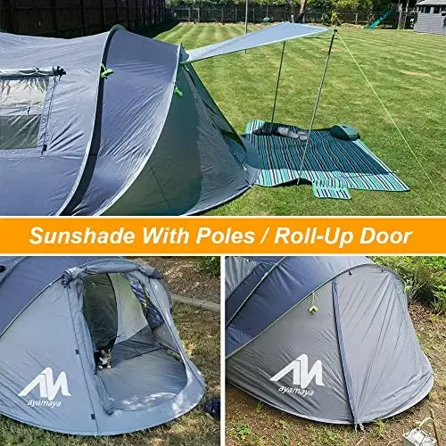 AYAMAYA Waterproof 4/6 Person Easy Pop Up Tents for Camping with Vestibule | Instant Setup, Double-layer Anti-condensation, Porch Poles Included, Large Size for Family Camping, Hiking, Travelling - 6