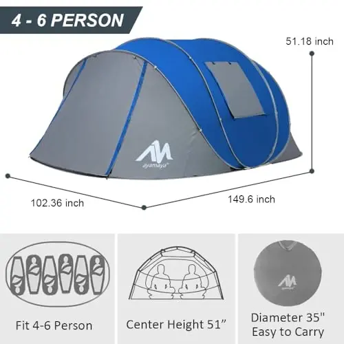 AYAMAYA Waterproof 4/6 Person Easy Pop Up Tents for Camping with Vestibule | Instant Setup, Double-layer Anti-condensation, Porch Poles Included, Large Size for Family Camping, Hiking, Travelling - 3