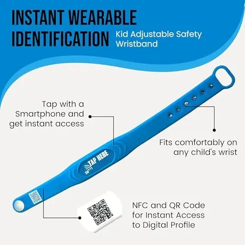 Ayarlanabilir Çocuk Kimlik Bilekliği – “Buraya Dokun” Logolu NFC Akıllı Güvenlik Bandı, Konuşamayan Çocuklar ve Tıbbi Bilgiler için Çocuk Kimlik Bilekliği, Su Geçirmez Silikon, GPS Yok, Abonelik Yok - SHAREWEAR (1)