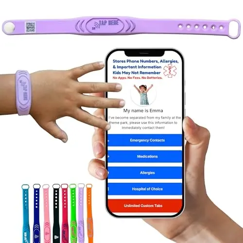 Adjustable Kids ID Bracelet – NFC Smart Safety Band with “Tap Here” Logo, Child ID Wristband for Nonverbal Kids & Medical Info, Waterproof Silicone, Not GPS, No Subscription - 1