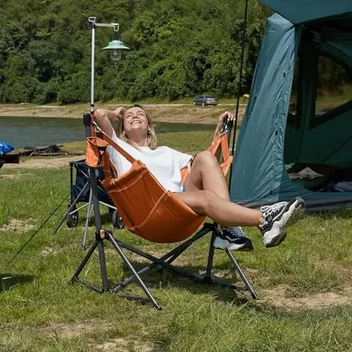 Timber Ridge Hammock Camping Chair with Adjustable Backrest, Heavy Duty Folding Hammock Chair Supports 300lbs, Portable Hammock Chair for Camping, Travelling and Patio, Orange - TIMBER RIDGE