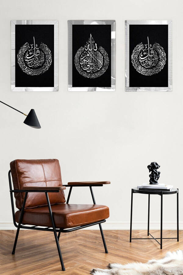 Ayat al-Kursi, Falaq and Nas Table Set of 3 Black MDF with Silver Plexiglass Religious Wall Decor 60x42 Cm - 12