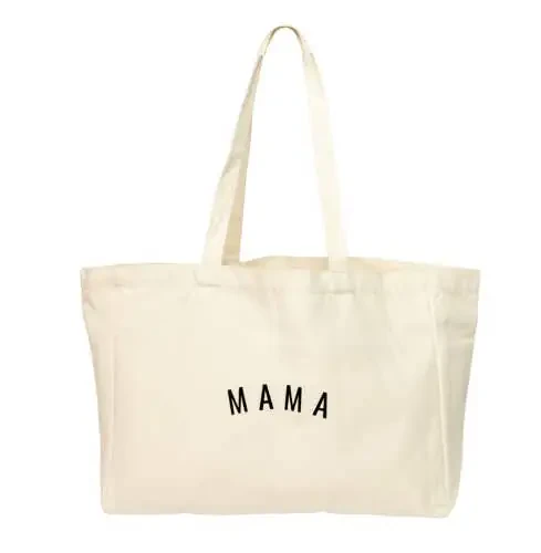 Sunflower Motherhood Mama Canvas Tote Bag With Six Pocket Organization - Cute Tote Bags For Baby Shower Gifts For Mom - Mommy Bag for Hospital or Diaper Bag, Natural - 1