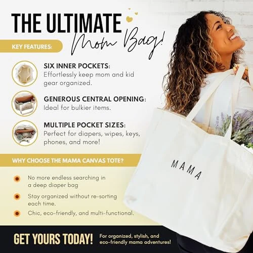 Sunflower Motherhood Mama Canvas Tote Bag With Six Pocket Organization - Cute Tote Bags For Baby Shower Gifts For Mom - Mommy Bag for Hospital or Diaper Bag, Natural - 3