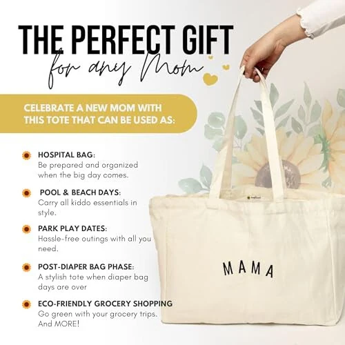 Sunflower Motherhood Mama Canvas Tote Bag With Six Pocket Organization - Cute Tote Bags For Baby Shower Gifts For Mom - Mommy Bag for Hospital or Diaper Bag, Natural - 4