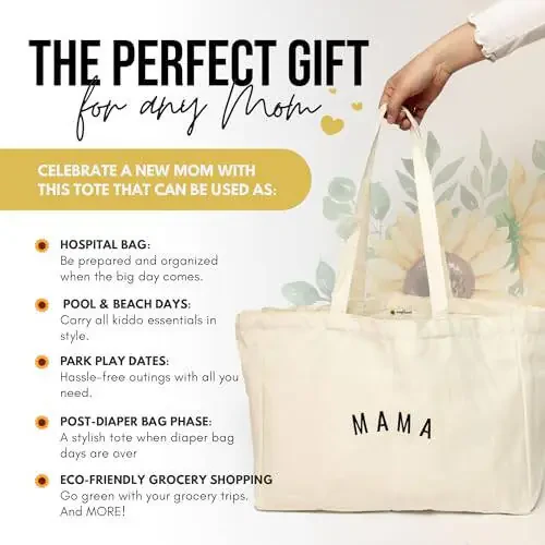Sunflower Motherhood Mama Canvas Tote Bag With Six Pocket Organization - Cute Tote Bags For Baby Shower Gifts For Mom - Mommy Bag for Hospital or Diaper Bag, Natural - 4