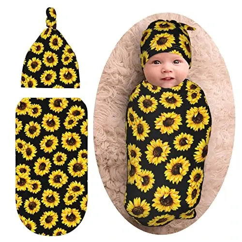 Sunflower Newborn Swaddle Blanket with Hat Set Baby Stuff Receiving Blankets Soft Transition Sleep Sacks Gifts for Infant Boys Girls - 1