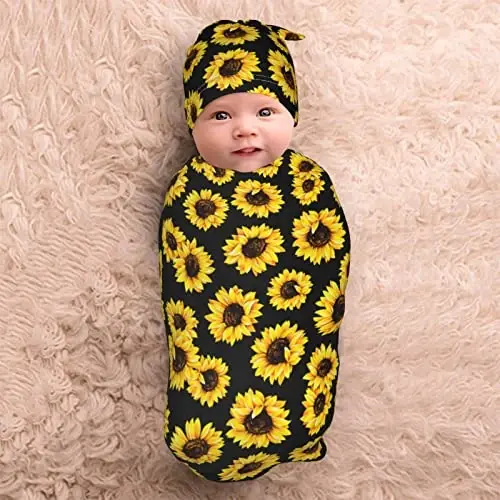 Sunflower Newborn Swaddle Blanket with Hat Set Baby Stuff Receiving Blankets Soft Transition Sleep Sacks Gifts for Infant Boys Girls - 5