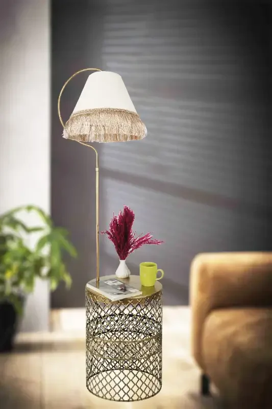 Ayd. Floor Lamp with Gold Table, Elliptical Black Yellow Patina (GOLD RING) Cream Hat Yellow Tassel - 1