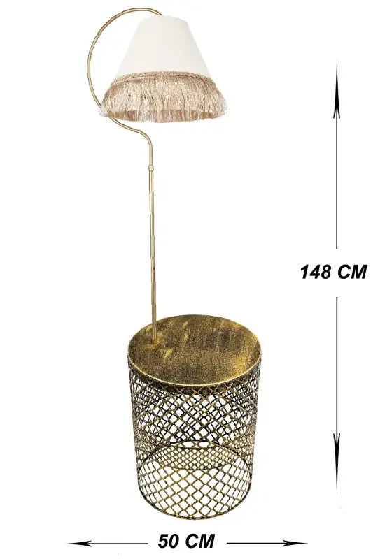 Ayd. Floor Lamp with Gold Table, Elliptical Black Yellow Patina (GOLD RING) Cream Hat Yellow Tassel - 4