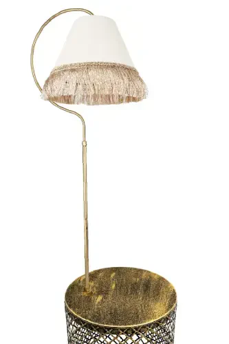 Ayd. Floor Lamp with Gold Table, Elliptical Black Yellow Patina (GOLD RING) Cream Hat Yellow Tassel - 5