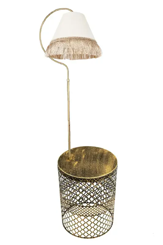 Ayd. Floor Lamp with Gold Table, Elliptical Black Yellow Patina (GOLD RING) Cream Hat Yellow Tassel - 6