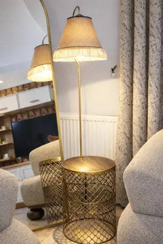 Sehpalı Lambader Elips Siyah Sarı Patine ⭐️Kahve Kumaş Şapka Sarı Püsküllü ⭐️Salon Köşe Lambası-SİYAH SARI - 4