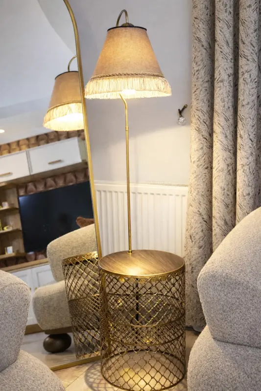 Sehpalı Lambader Elips Siyah Sarı Patine ⭐️Kahve Kumaş Şapka Sarı Püsküllü ⭐️Salon Köşe Lambası-SİYAH SARI - 4