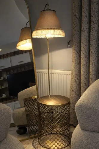 Sehpalı Lambader Elips Siyah Sarı Patine ⭐️Kahve Kumaş Şapka Sarı Püsküllü ⭐️Salon Köşe Lambası-SİYAH SARI - 5