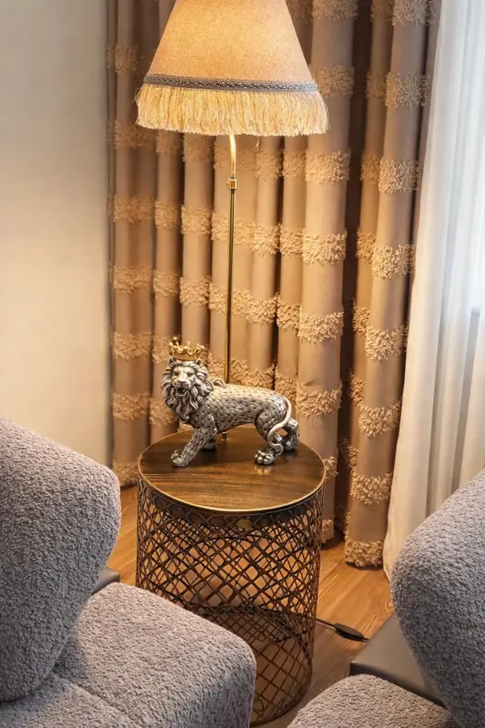 Sehpalı Lambader Elips Siyah Sarı Patine ⭐️Kahve Kumaş Şapka Sarı Püsküllü ⭐️Salon Köşe Lambası-SİYAH SARI - 7