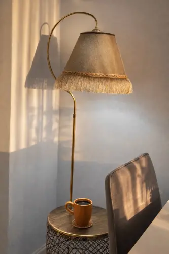 Sehpalı Lambader Elips Siyah Sarı Patine ⭐️Kahve Kumaş Şapka Sarı Püsküllü ⭐️Salon Köşe Lambası-SİYAH SARI - 8