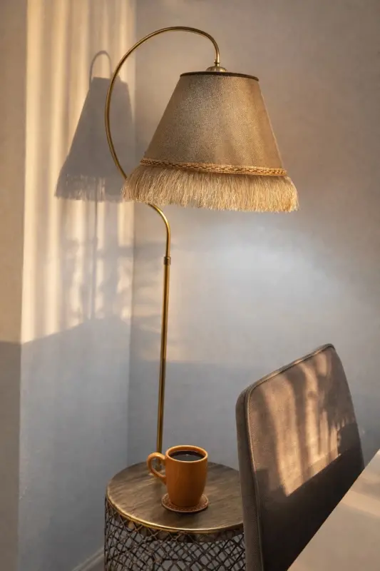 Sehpalı Lambader Elips Siyah Sarı Patine ⭐️Kahve Kumaş Şapka Sarı Püsküllü ⭐️Salon Köşe Lambası-SİYAH SARI - 8