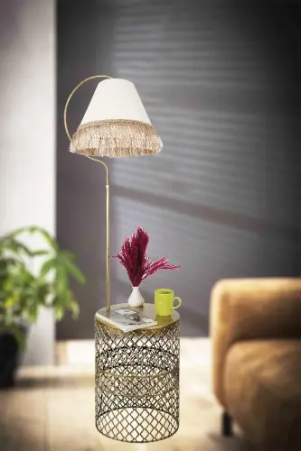 Sehpalı Lambader Elips Siyah Sarı Patine ⭐️Krem Kumaş Şapka Sarı Püsküllü ⭐️Salon Köşe Lambader-SİYAH SARI 