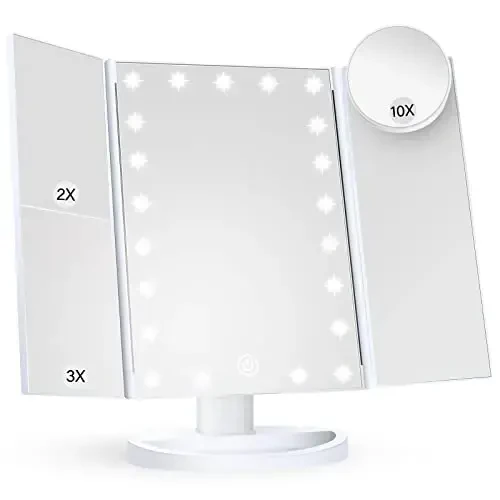 HUONUL Makeup Mirror Vanity Mirror with Lights, 2X, 3X, 10X Magnification, Touch Control, Trifold, White, 9.4