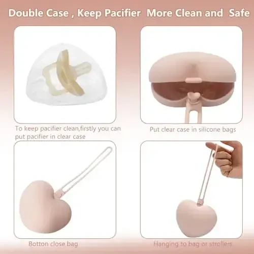 4pcs Pacifier Holder Case Set, 2pcs Silicone Portable Pacifier Pouch and 2pcs Transparent Pacifier Storage Container, Cute Heart Shape Pacifier Storage Case for Newborn Baby（Pink+Purple） - 6
