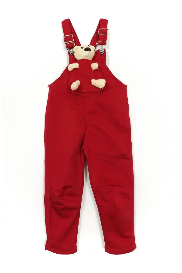 Ayıcık Aksesuarlı Kısa Paça Unisex Bebek Çocuk Salopet Kırmızı - 1