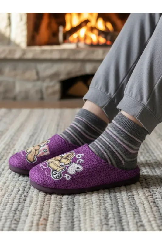 Ayıcık Motifli Rahat Taban Ev Bahçe Balkon Çeyiz Bohça Terliği-EFLATUN - 6