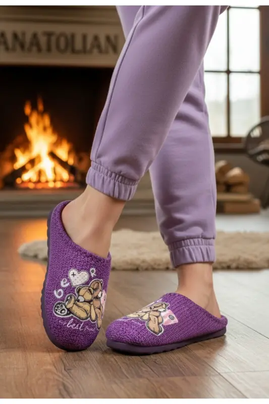 Ayıcık Motifli Rahat Taban Ev Bahçe Balkon Çeyiz Bohça Terliği-EFLATUN - 1