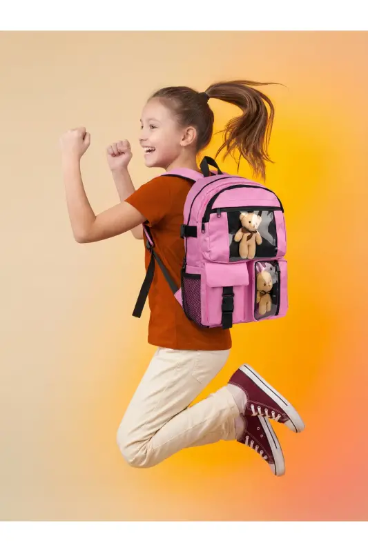 Ayıcıklı Çok Gözlü Unisex Çanta-fuşya - ROSMOD