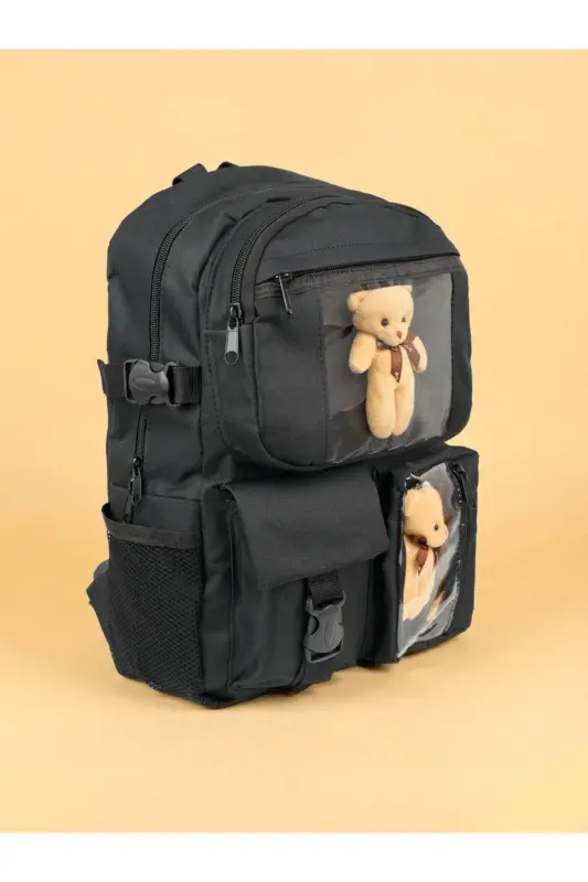 Ayıcıklı Çok Gözlü Unisex Çanta-Siyah - ROSMOD