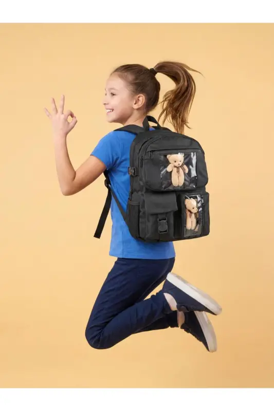 Ayıcıklı Çok Gözlü Unisex Çanta-Siyah - 4