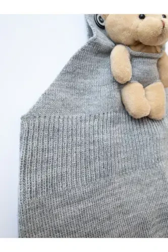 Ayıcıklı Düğmeli Bebek Çocuk Triko Salopet Gri-Gri - 3