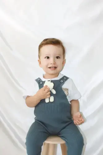 Ayıcıklı Düğmeli Bebek Çocuk Triko Salopet Indigo-İndigo - 3