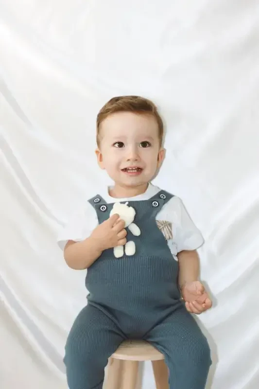 Ayıcıklı Düğmeli Bebek Çocuk Triko Salopet Indigo-İndigo - 3