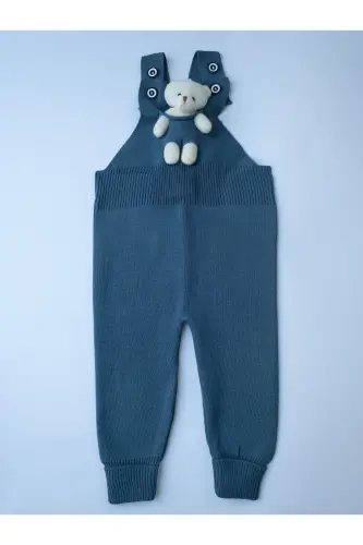 Ayıcıklı Düğmeli Bebek Çocuk Triko Salopet Indigo - İndigo - 1