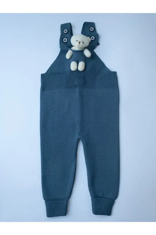 Ayıcıklı Düğmeli Bebek Çocuk Triko Salopet Indigo - İndigo - 1