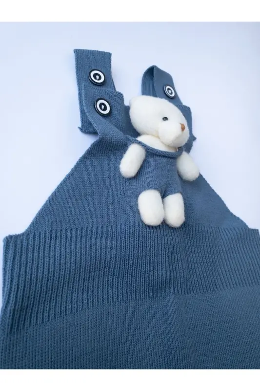 Ayıcıklı Düğmeli Bebek Çocuk Triko Salopet Indigo - İndigo - 6