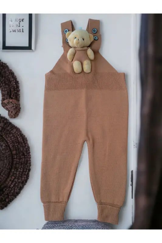Ayıcıklı Düğmeli Bebek Çocuk Triko Salopet Kahverengi-Kahverengi - 1