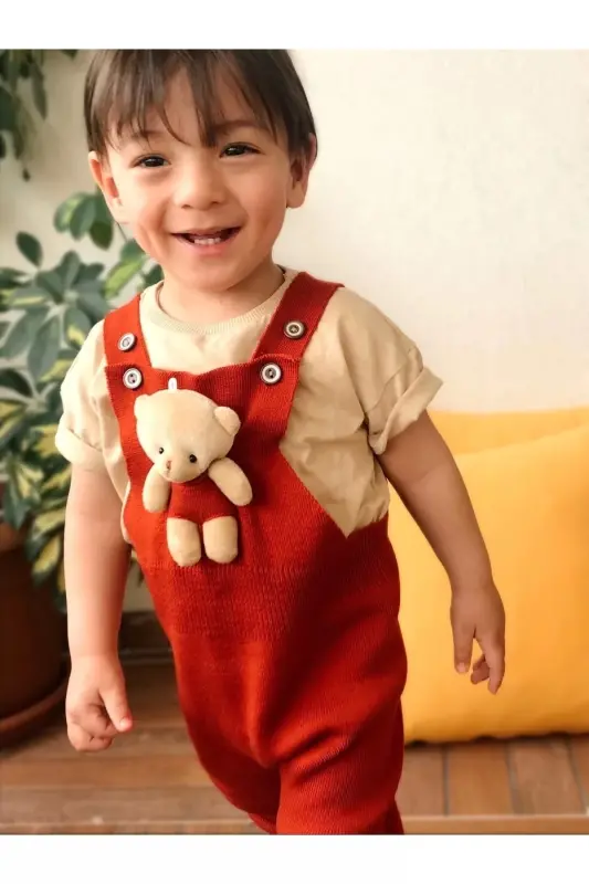 Ayıcıklı Düğmeli Bebek Çocuk Triko Salopet Kiremit-Kırmızı - 1