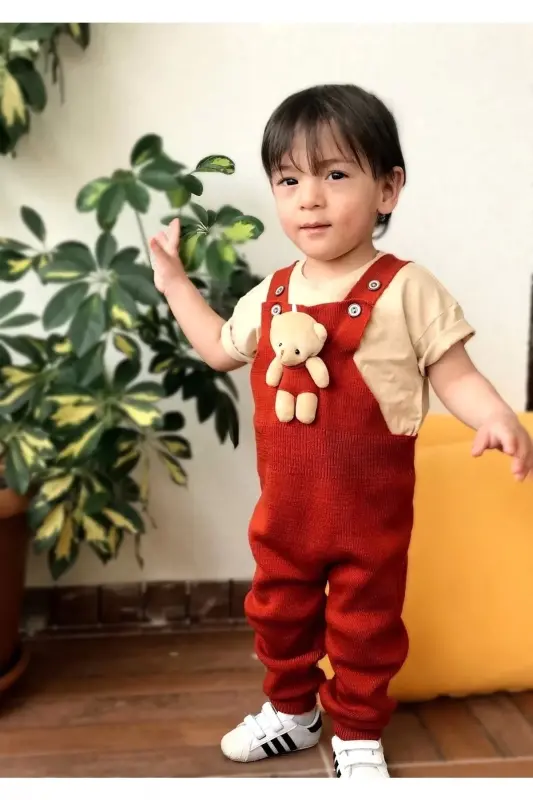 Ayıcıklı Düğmeli Bebek Çocuk Triko Salopet Kiremit-Kırmızı - 2