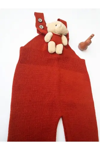 Ayıcıklı Düğmeli Bebek Çocuk Triko Salopet Kiremit-Kırmızı - 6