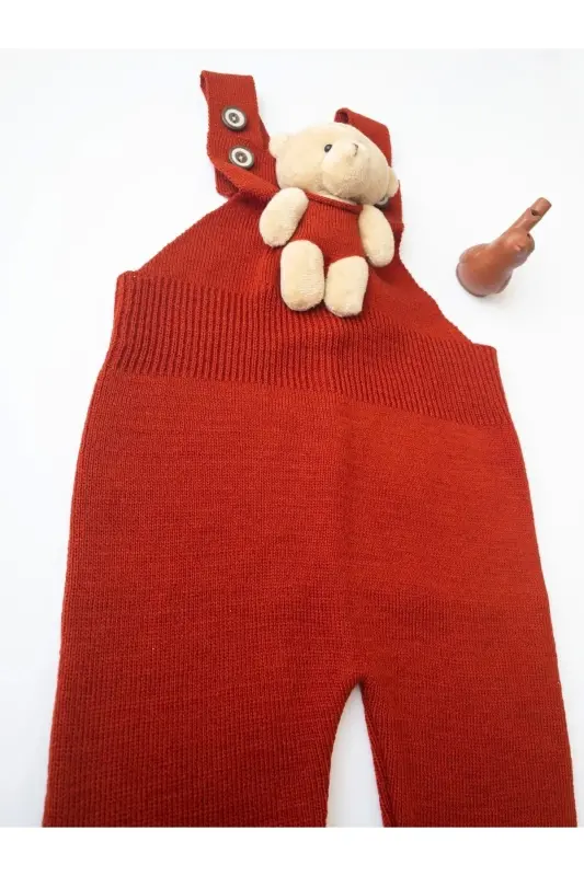 Ayıcıklı Düğmeli Bebek Çocuk Triko Salopet Kiremit-Kırmızı - 6