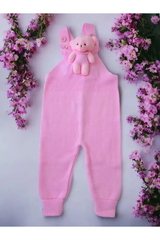 Ayıcıklı Düğmeli Bebek Çocuk Triko Salopet Pembe - Pembe - GOGO BICI