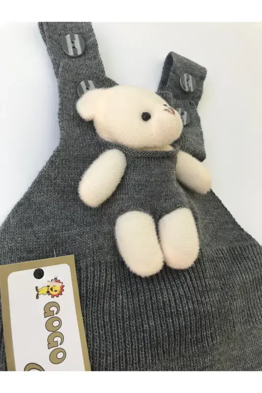 Ayıcıklı Düğmeli Bebek Çocuk Triko Tayt Salopet-Koyu Gri - 2