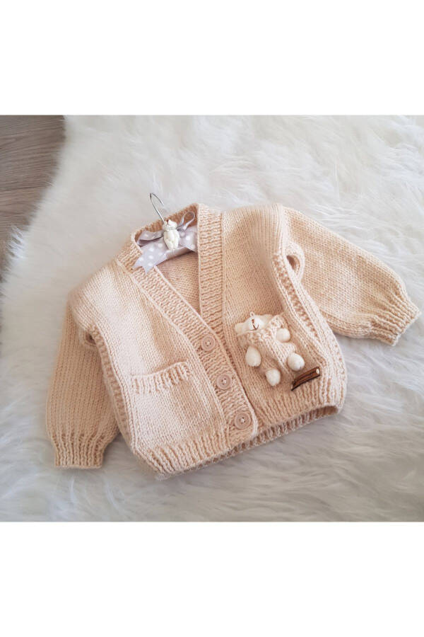 Ayıcıklı El Örgüsü Unisex Bebek Çocuk Hırka-BEJ - 2